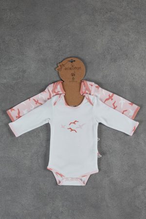 2 Piece Layette Set Long Sleeve Crane White-Salmon