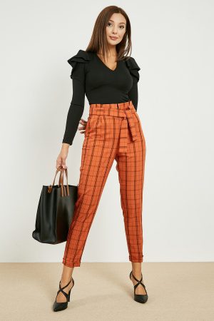 Brick Color High Waist Belted Plaid Pants