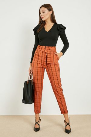 Brick Color High Waist Belted Plaid Pants