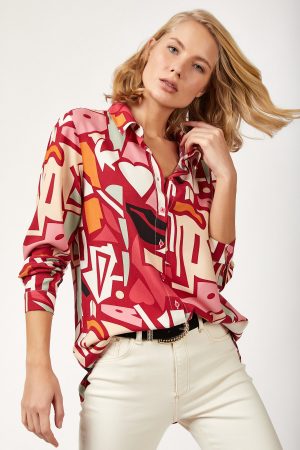Women’s Red Graphic Patterned Viscose Shirt