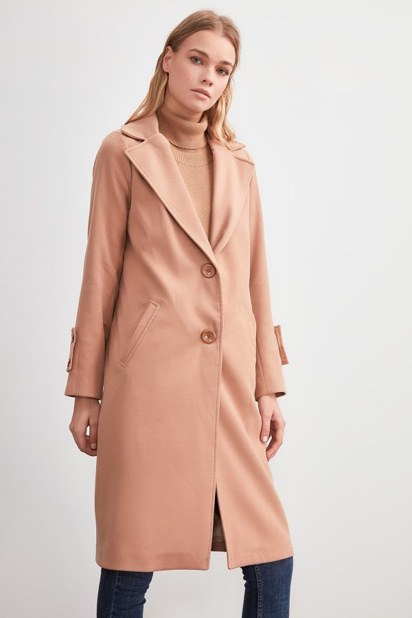 Light Salmon Color Front Button Long Stamp Coat - Beren Store