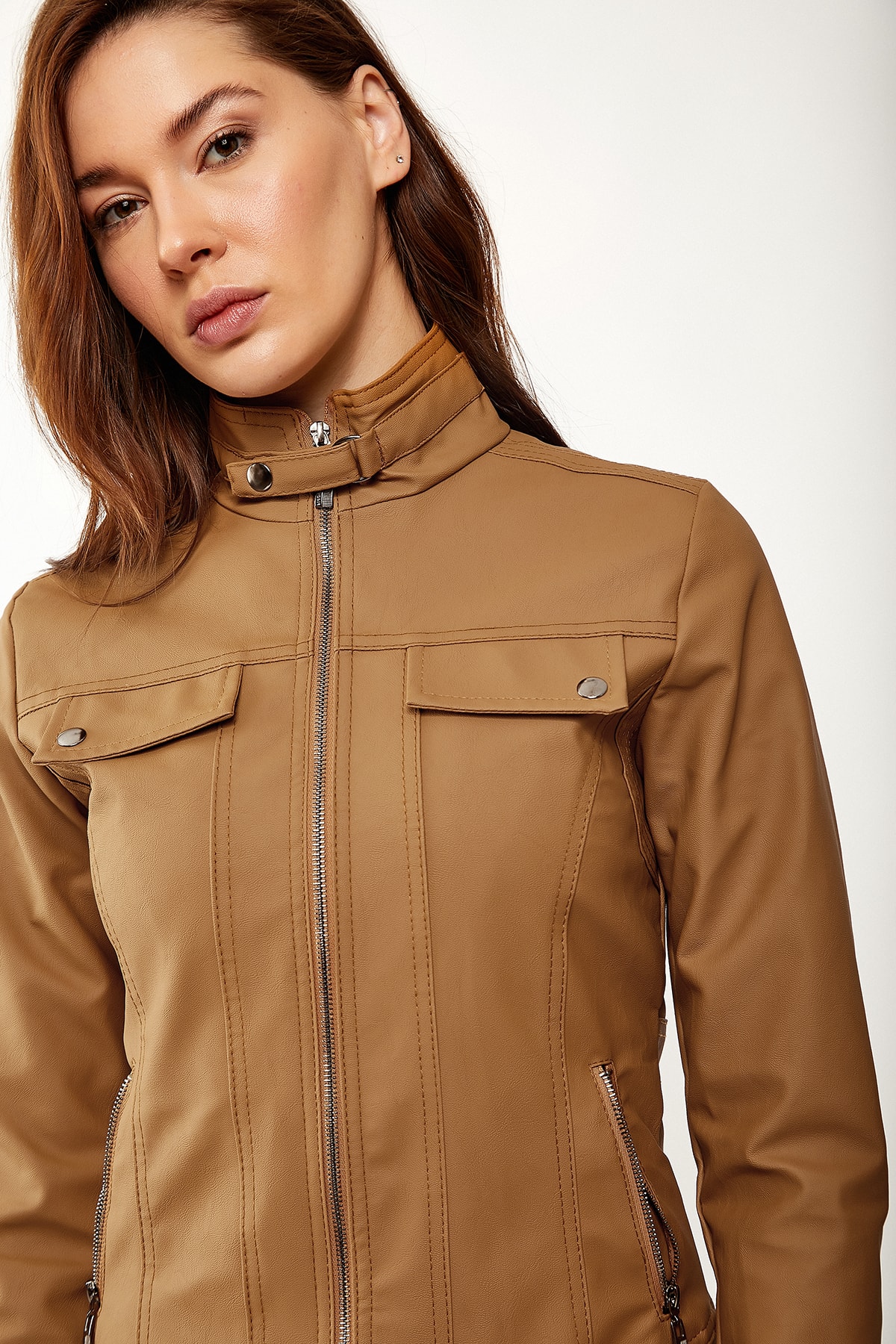Women's Brown Stand Collar Leather Jacket - Beren Store