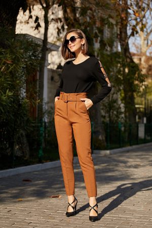 Women’s Brown Belt High Waist Fabric Trousers