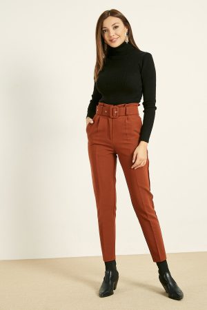 Women’s Brick Color Belt High Waist Fabric Trousers