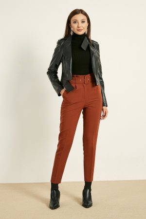 Women’s Brick Color Belt High Waist Fabric Trousers