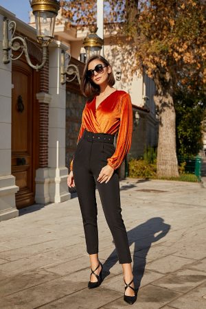 Women’s Black Belt High Waist Fabric Trousers