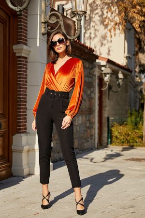 Women’s Black Belt High Waist Fabric Trousers