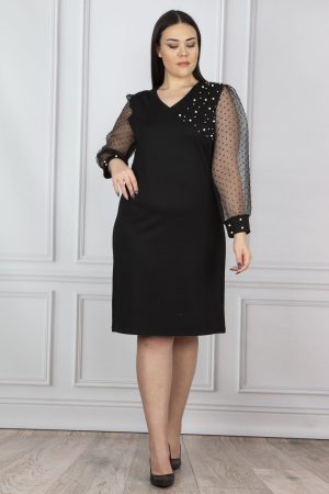 Women’s Black Sleeves Tulle And Pearl Fabric Dress