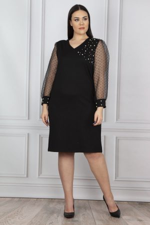Women’s Black Sleeves Tulle And Pearl Fabric Dress