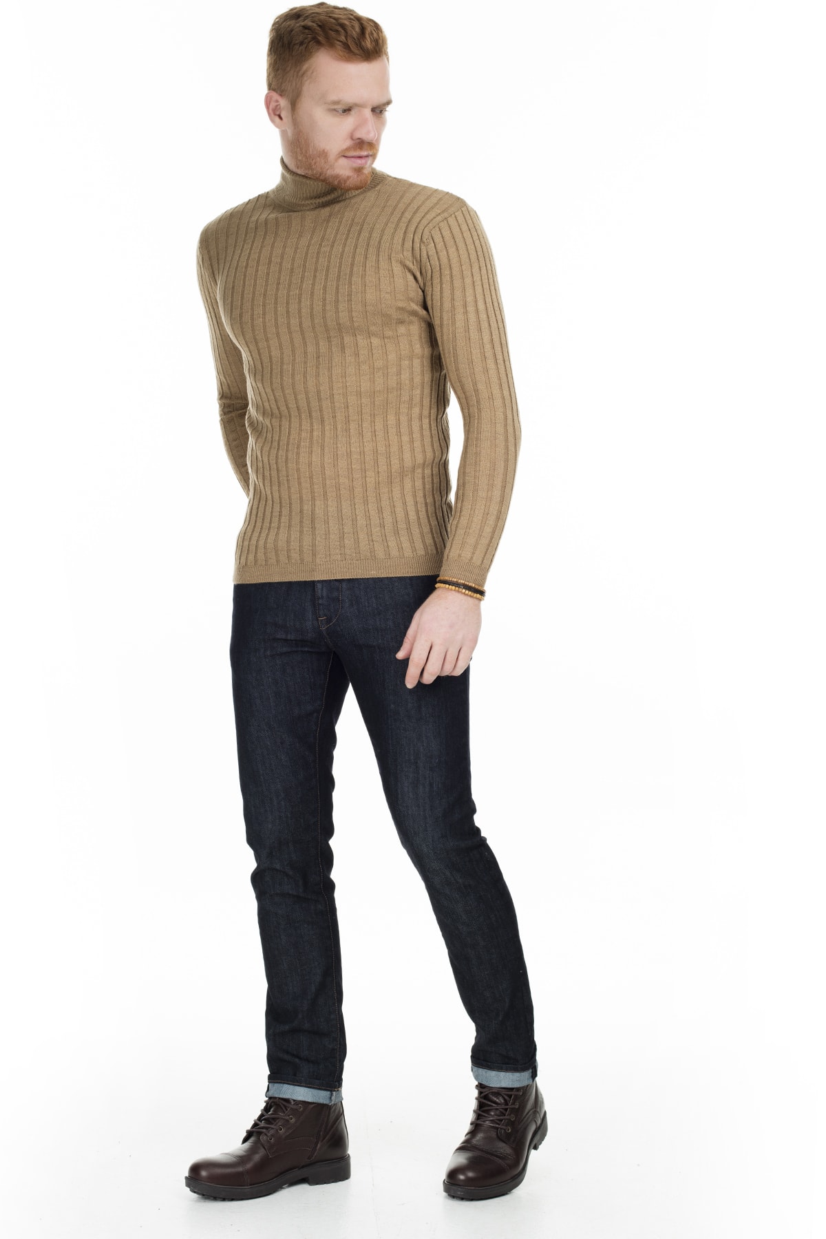 Men's Beige Slim Fit Turtleneck Knitwear Sweater - Beren Store