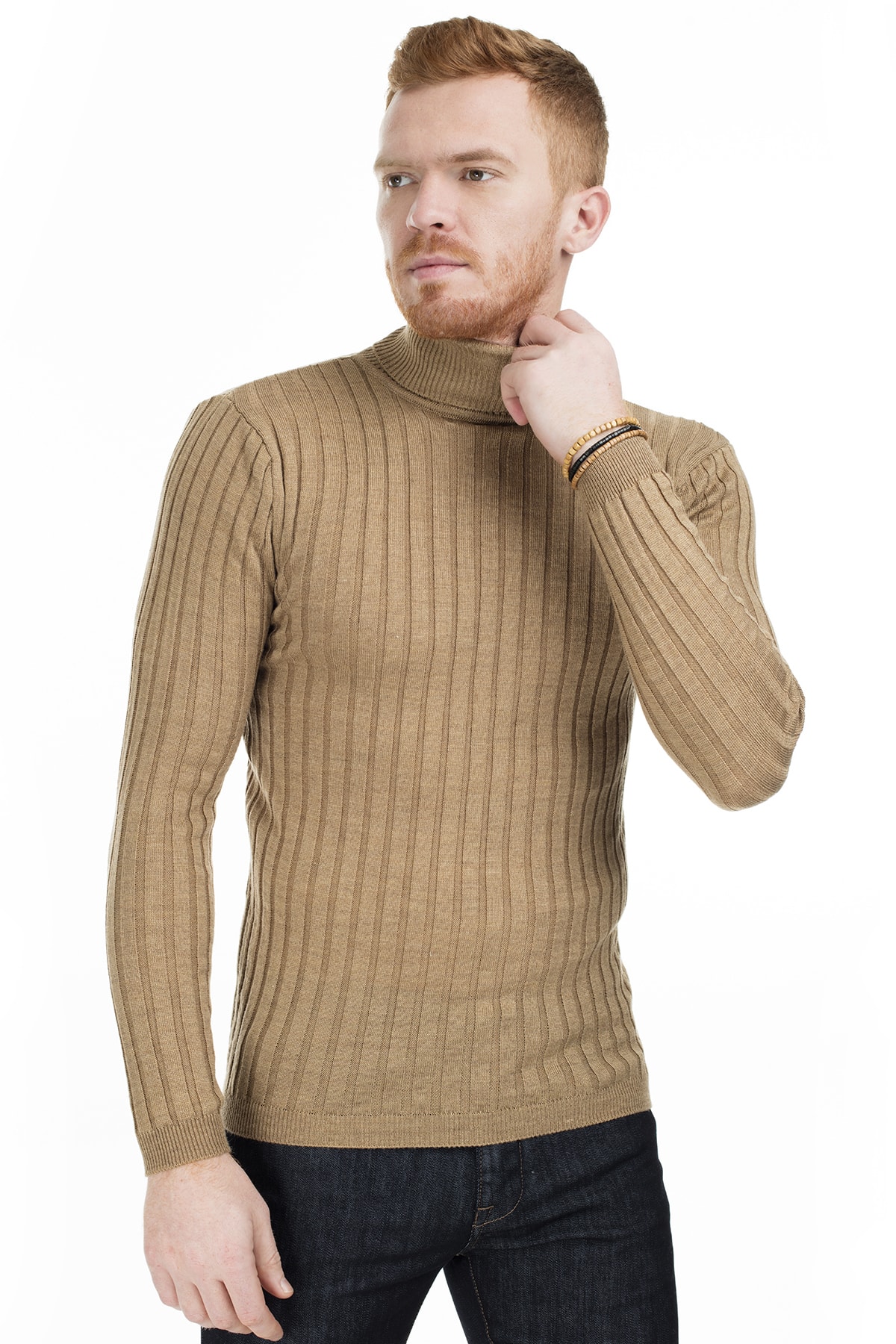 Men's Beige Slim Fit Turtleneck Knitwear Sweater