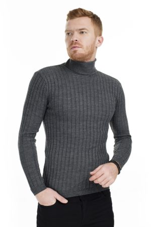 Men’s Gray Slim Fit Turtleneck Knitwear Sweater