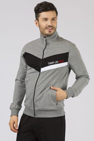 Men’s Sport Front Garnish Gray Melange-Black Tracksuit Set