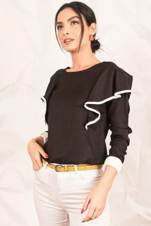 Women’s Black Piped Flywheel Blouse