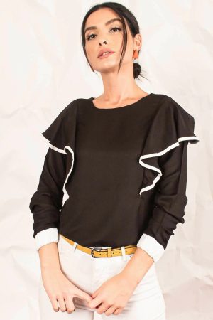 Women’s Black Piped Flywheel Blouse