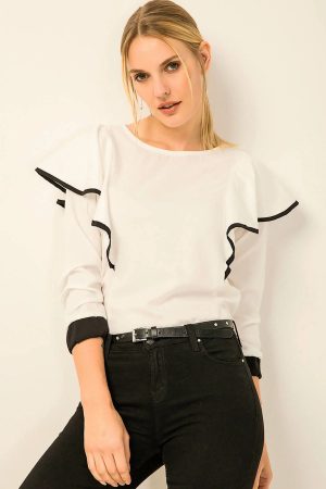Women’s White Piped Flywheel Blouse
