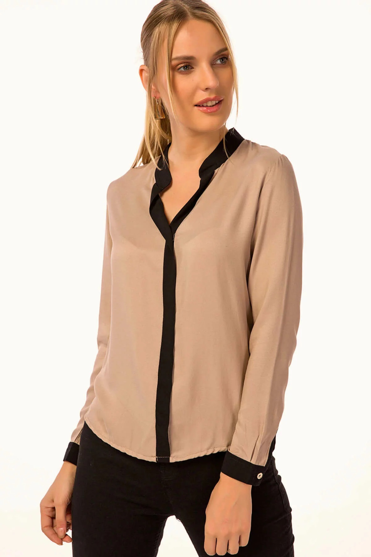 Women's Beige Front Striped Shirt - Beren Store