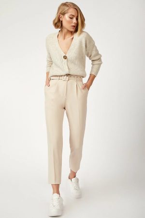 Women’s Milk Color Belt High Waist Lycra Pants