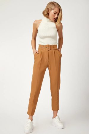 Women’s Brown Belt High Waist Lycra Pants