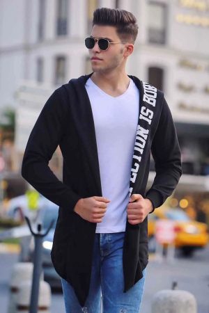 Men’s Black Hooded Printed Cardigan