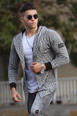 Men’s Gray Hooded Printed Cardigan