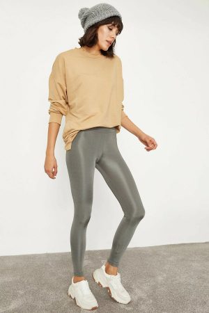 Women’s Gray Long Belt Harness Shiny Leggings