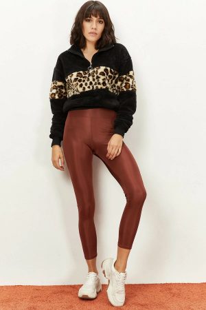 Women’s Brown Long Belt Harness Shiny Leggings