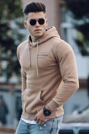 Men’s Printed Beige Hooded Sweatshirt