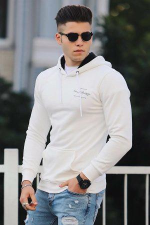 Men’s Printed White Hooded Sweatshirt