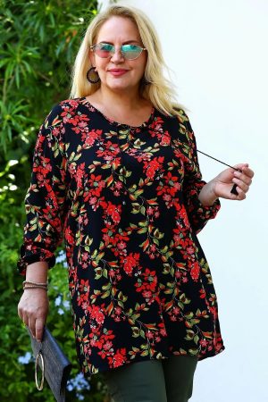 Women’s Black Patterned Plus Size Blouse