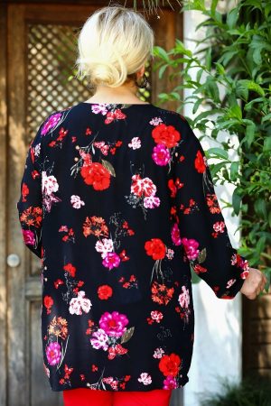 Women’s Black Flower Detailed Plus Size Blouse