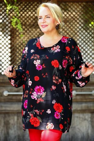 Women’s Black Flower Detailed Plus Size Blouse