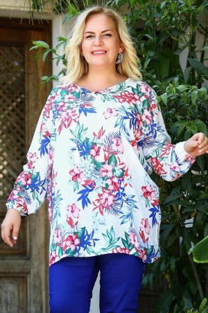 Women’s White Lace-up Patterned Plus Size Blouse