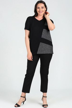 Women’s Black Large Size Sim Detail Short Sleeve Blouse