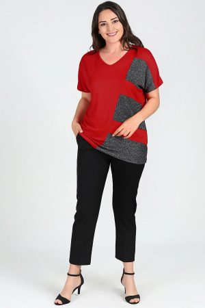 Women’s Red Large Size Sim Detail Short Sleeve Blouse