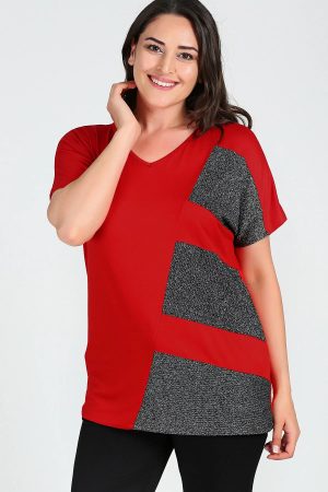 Women’s Red Large Size Sim Detail Short Sleeve Blouse