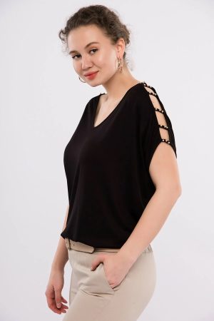 Women’s Black Shoulder Decollete Viscose Blouse