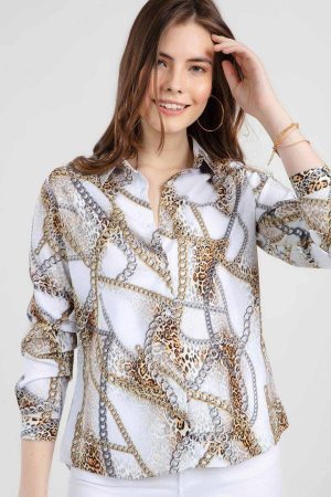 Women’s White Chain Pattern Long Sleeve Shirt
