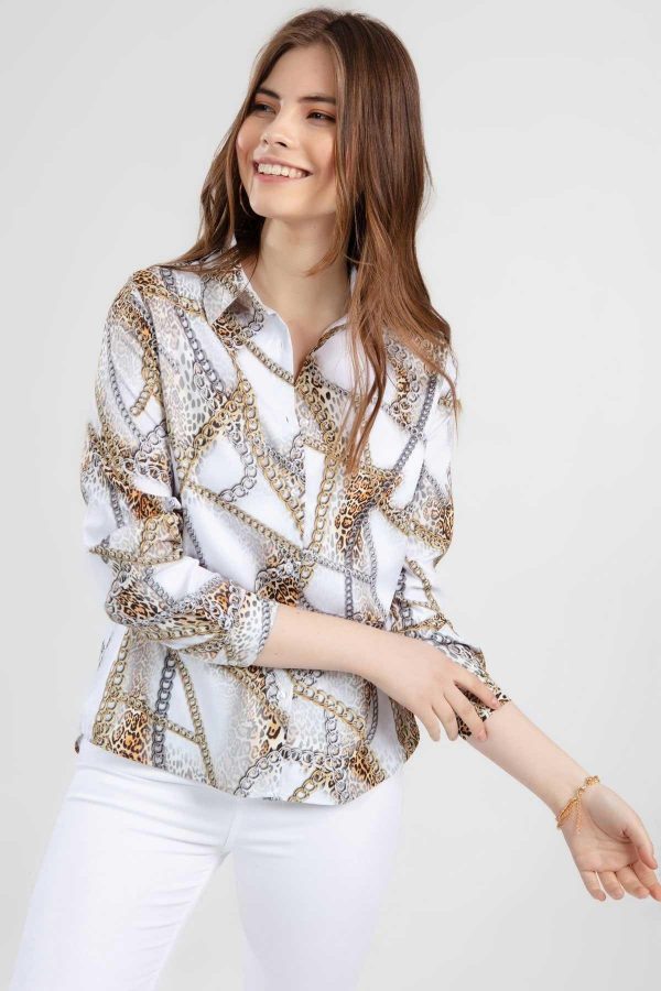 Women's White Chain Pattern Long Sleeve Shirt - Beren Store