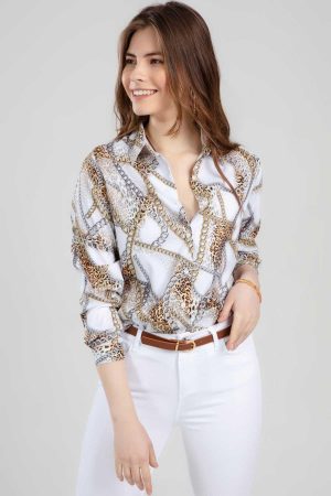 Women’s White Chain Pattern Long Sleeve Shirt