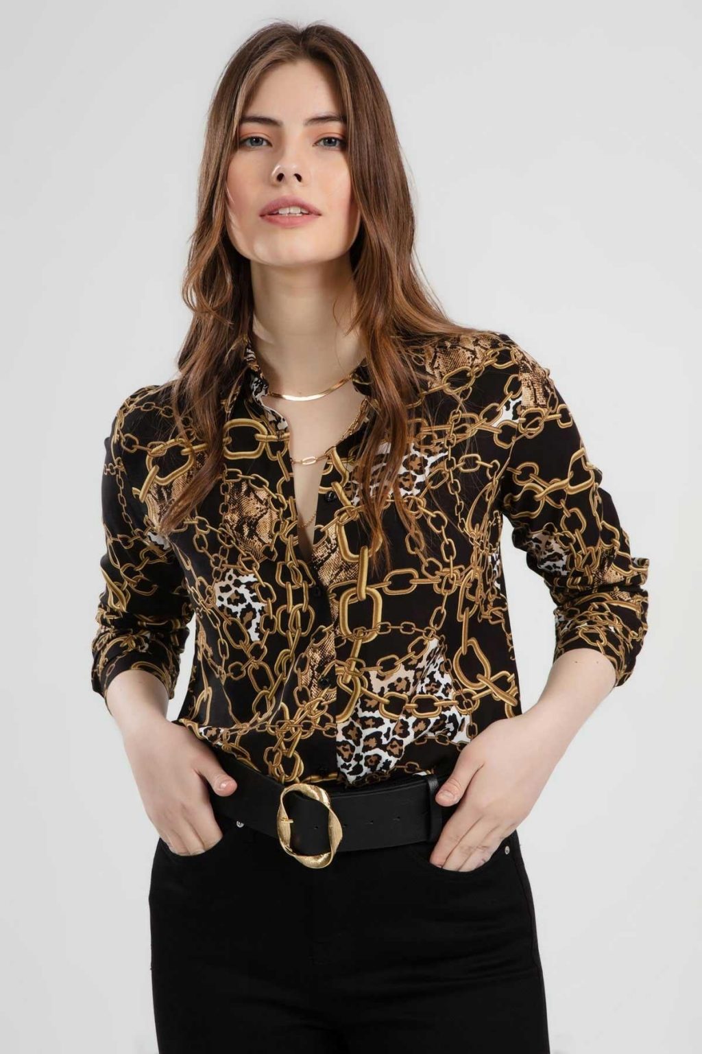Women's Black Chain Pattern Long Sleeve Shirt - Beren Store