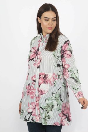 Women’s Color Waist Detail Floral Patterned Shirt