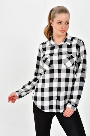Women’s Black Plaid Patterned Sleeve Fold Shirt