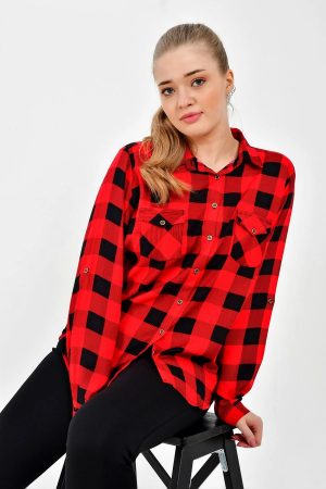 Women’s Red Plaid Patterned Sleeve Fold Shirt