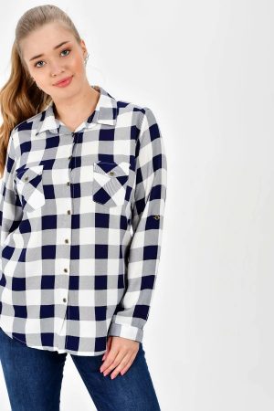 Women’s Blue Plaid Patterned Sleeve Fold Shirt