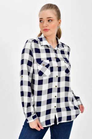 Women’s Blue Plaid Patterned Sleeve Fold Shirt