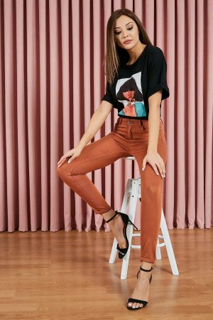 Women’s Brown Narrow Hem High Waist Trousers