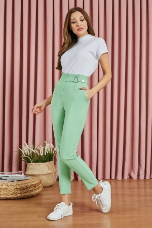 Women’s Light Green Ring Belt High Waist Trousers