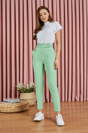 Women’s Light Green Ring Belt High Waist Trousers