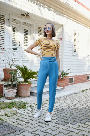 Women’s Light Blue Ring Belt High Waist Trousers